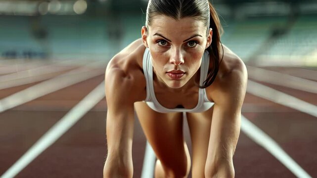 Professional female sprinter in starting block ready to race on stadium track.