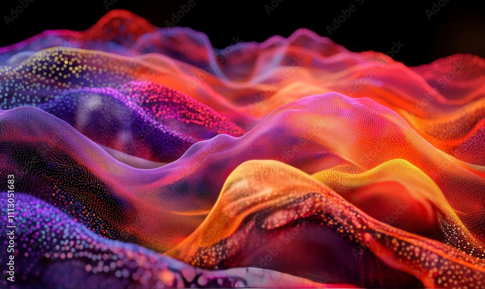 Poster a mesmerizing digital artwork showcasing a wave-like pattern of glowing dots and lines, predominantl