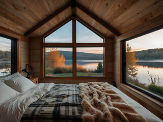 Cozy Bedroom in Tiny House on Wheels with Lake View, Wood Accents, and Open Ceiling Design