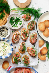 Baguette Crostini with Cream Cheese and Pink Pacific Salmon..style hugge