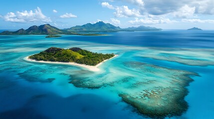 Obraz premium Tropical Island Paradise Aerial View Showing Lush Green Island and Vibrant Coral Reefs
