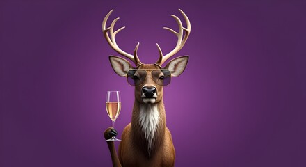 festive reindeer wearing stylish sunglasses holds a glass of champagne, joy, winter, happy, joyful, sparkling, party hat, festive mood, cute, animal, santa, snow, festive attire