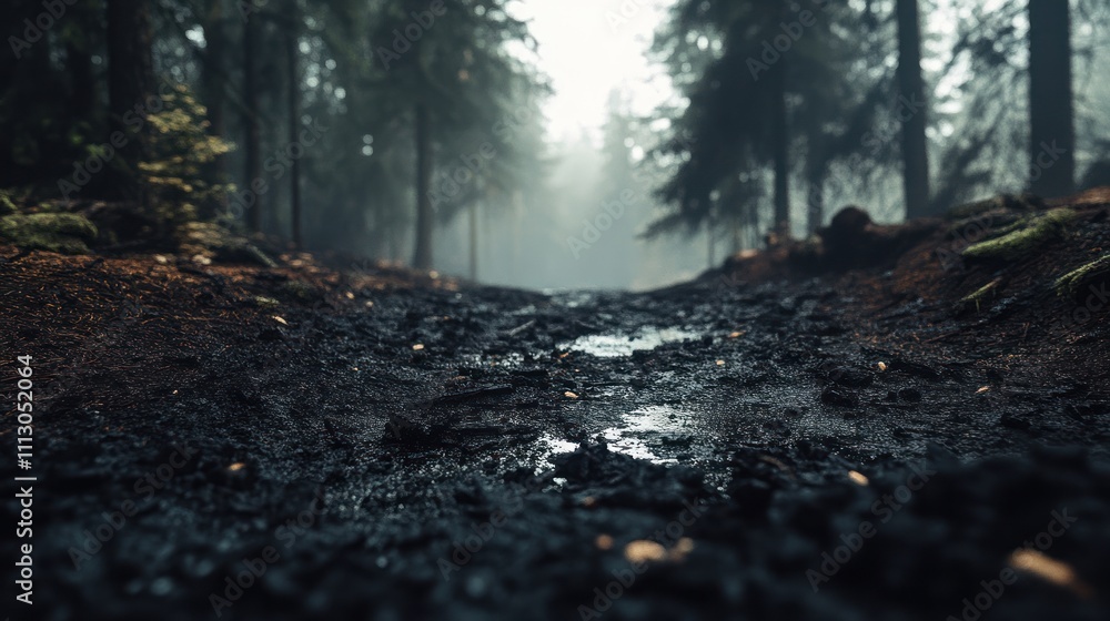 Poster a misty forest path with wet soil, evoking a serene and mysterious atmosphere.