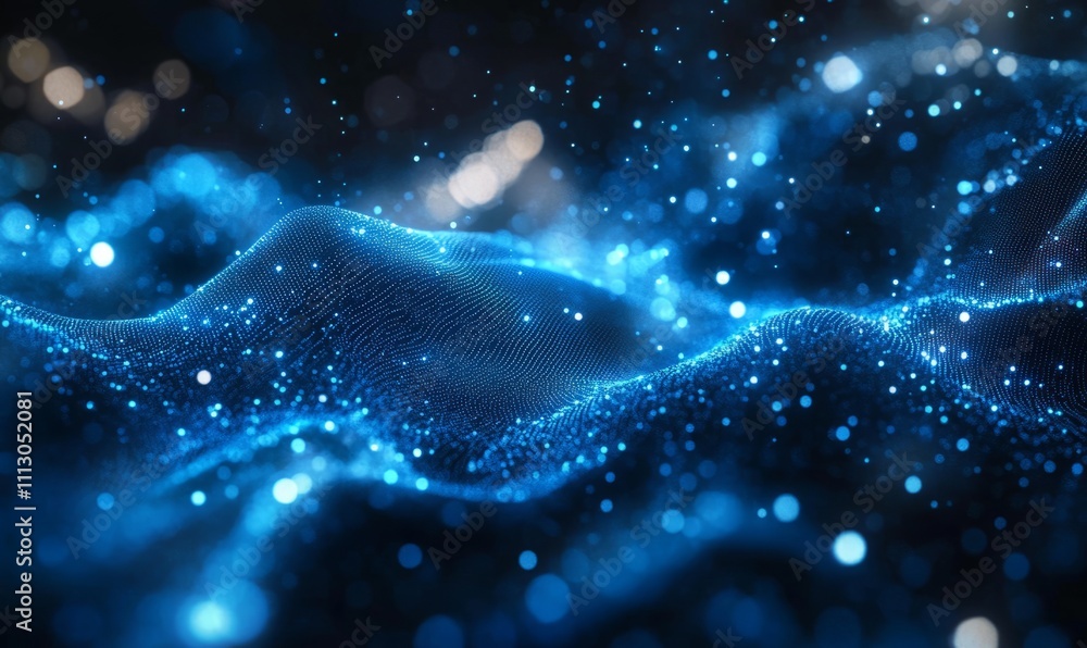Poster a futuristic digital data stream with glowing blue lights, representing the flow of information and 