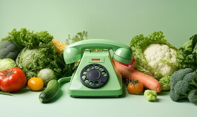 A vintage green telephone surrounded by fresh vegetables on a light green background, creating a playful and unique composition.