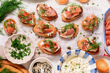 Baguette Crostini with Cream Cheese and Pink Pacific Salmon..style hugge