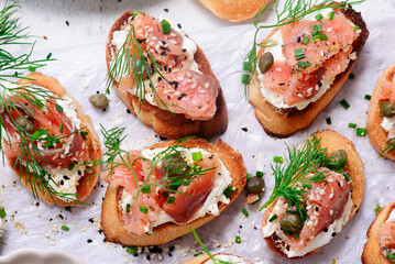 Baguette Crostini with Cream Cheese and Pink Pacific Salmon..style hugge