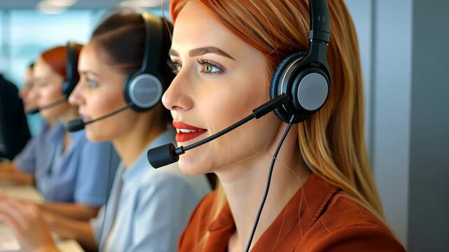 Friendly customer support operator with a smile at the helpdesk office in a closeup portrait.