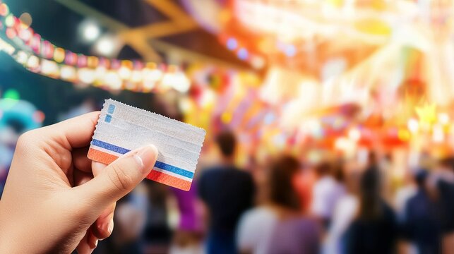 A close-up of a hand holding a ticket against a vibrant, blurred background of a festive scene.