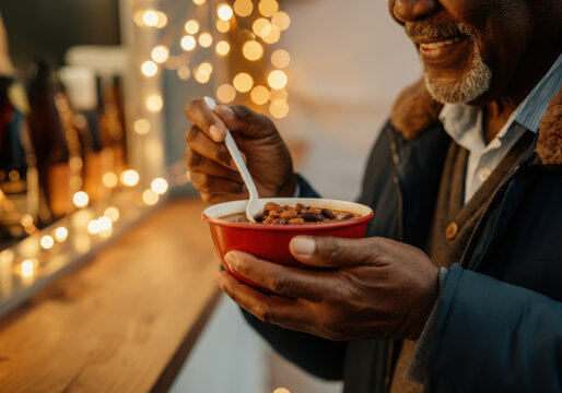 Senior man eating a bowl of warm chili at a christmas market