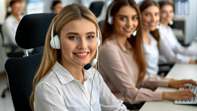 Friendly customer support agent with a beautiful smile helping clients over the phone in an office setting.