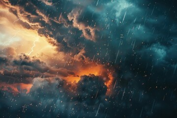 Dramatic stormy skies with dark clouds, flashes of lightning, and heavy rain The vibrant orange and blue hues create a striking contrast, evoking a sense of nature s power