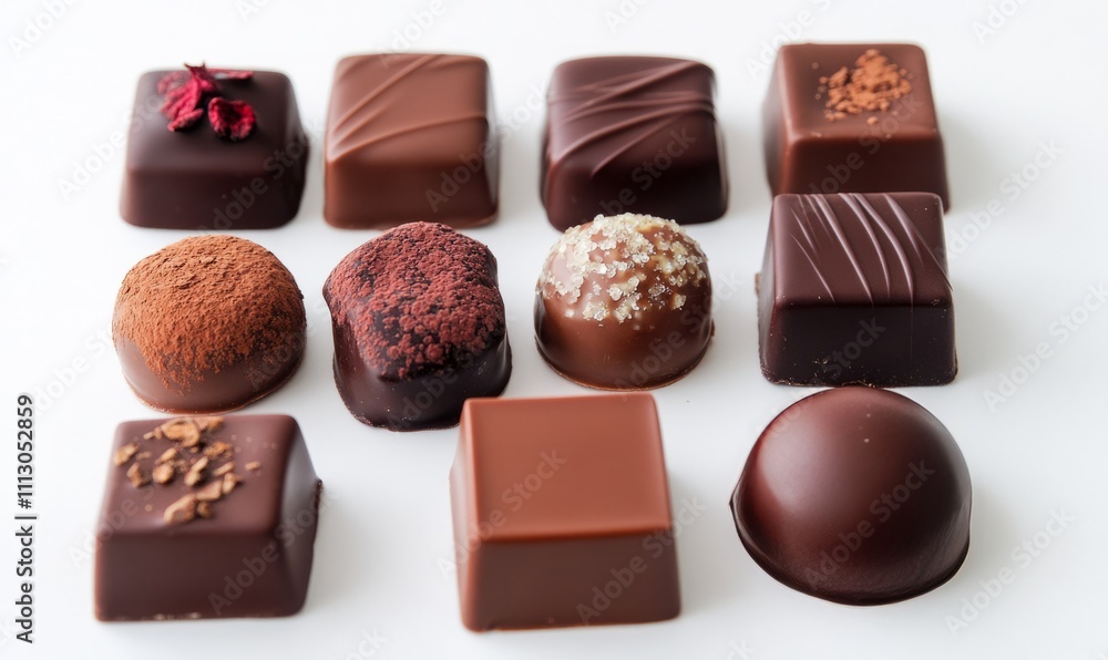 Poster a of chocolates in various shapes and sizes coated in different shades of cocoa powder and filled wi
