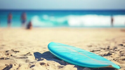 A vibrant blue surfboard rests on golden sand, with gentle waves and sunbathers blurred in the background.