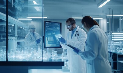 A sleek medical flyer design on a blue health science lab background, featuring a team of healthcare professionals discussing data on a digital screen