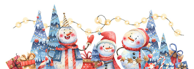  Cheerful snowmen, Christmas trees, and decor watercolor illustration