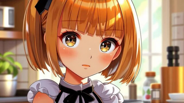 Maid D anime girl vtuber portrait in kitchen showcasing cute expressions and charm.