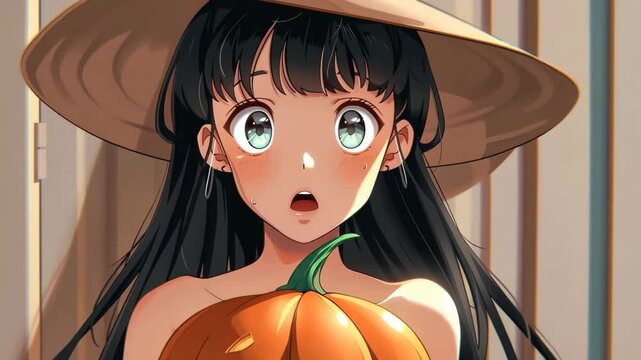 Portrait of cute anime girl with black hair and hat, holding Halloween pumpkin, looking embarrassed.
