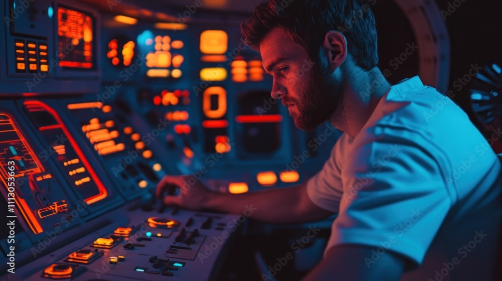 Poster a focused individual operates a high-tech control panel in a dimly lit environment.