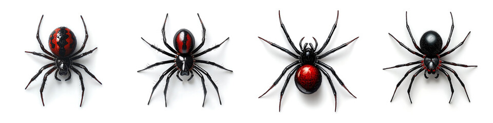 Obraz premium A Closeup View of Four Different Black Widow Spiders Isolated on White Background