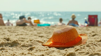 An orange sun hat resting on the sandy beach, with blurred sunbathers enjoying a sunny day by the ocean.
