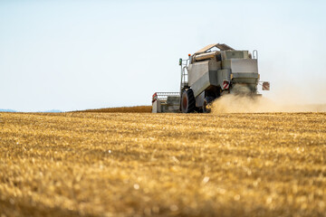 Combine harvester at work, cutting through ripe wheat in a sprawling field under a clear sky