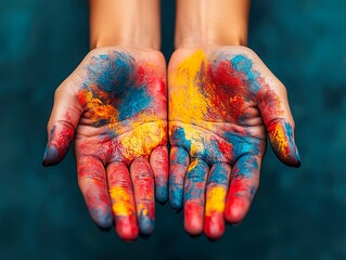 Image shows two colorful, open hands against a dark blue gradient backdrop The hands, covered in abstract art, symbolize the power of art to express emotions and transform reality