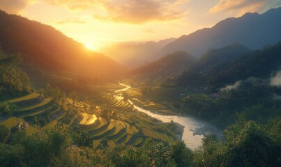 A stunning sunset over a picturesque valley with terraced fields and winding river, surrounded by majestic mountains and lush greenery.
