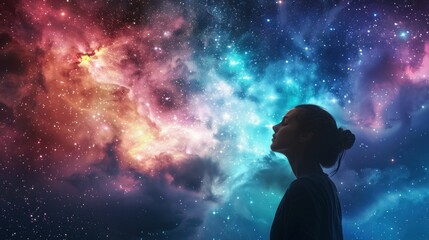 Cosmic silhouette, stars, galaxy, nebula, dream, universe, contemplation, space, woman, night sky, colorful background, imagination, beauty, inspiration, serenity, wonder, fantasy, astrological, cosm