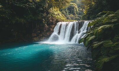Fototapeta premium A stunning waterfall cascading into a turquoise pool surrounded by lush green foliage.
