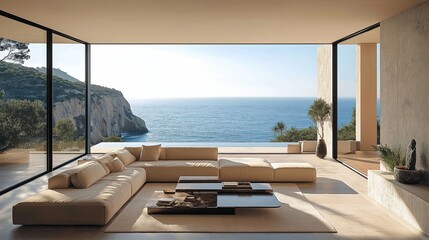 Fototapeta premium Modern living room with large windows offering breathtaking ocean view. Sleek contemporary furniture, minimalist decor create luxurious feel. Beige sofa, coffee table focal point of room. Coastal