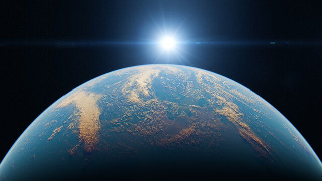Planet earth and sun seen from outer space