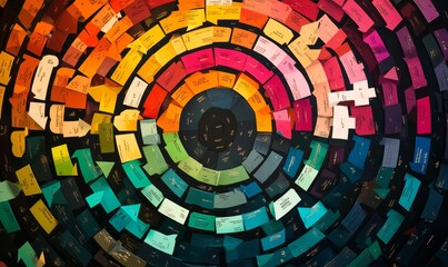 Fototapeta premium An intricate circular pattern of multi-colored paper icons with arrows arranged in concentric circles on a dark background.