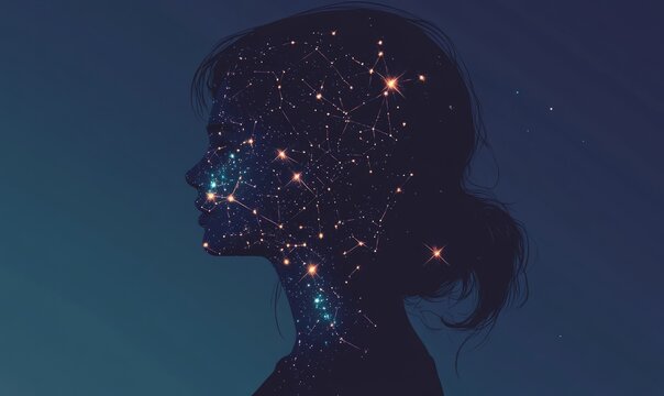 A silhouette of a woman with her body adorned with constellation patterns that glow faintly.