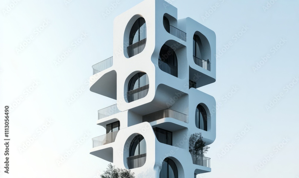 Poster a sleek 8-floor tower. the design features box-like structures on the top floors that create a float