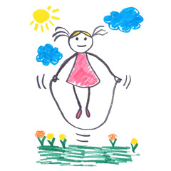 girl walking on the street and jumping rope