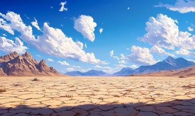 Naklejka premium A vast, cracked desert landscape under a bright blue sky filled with fluffy white clouds and distant mountains.