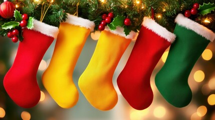 Bright Christmas stockings in festive colors hang cheerfully from a mantel, set against a dreamy holiday backdrop.