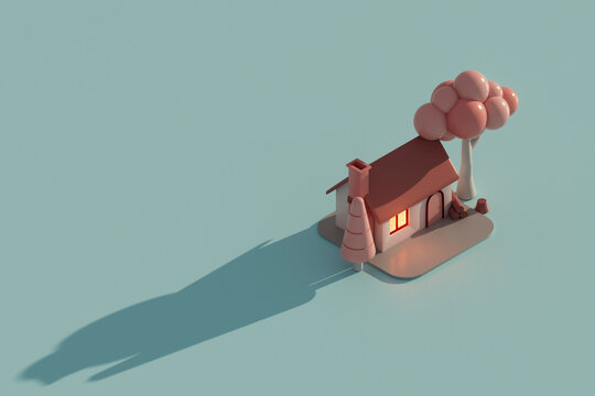 3D render of multiple small houses with glowing windows and mini