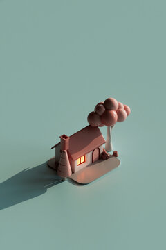 3D render of a small house surrounded by minimalist trees and gl