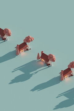 3D render of a small house with glowing windows and soft shadows