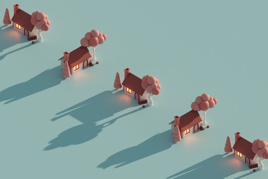 3D render of small houses in a pattern with glowing windows and 