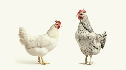 Fototapeta premium Chickens standing side by side on a white background
