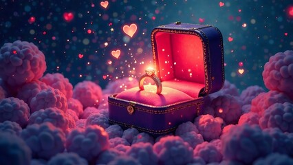 Surreal artwork of engagement ring box releasing glowing aura, cosmic backdrop