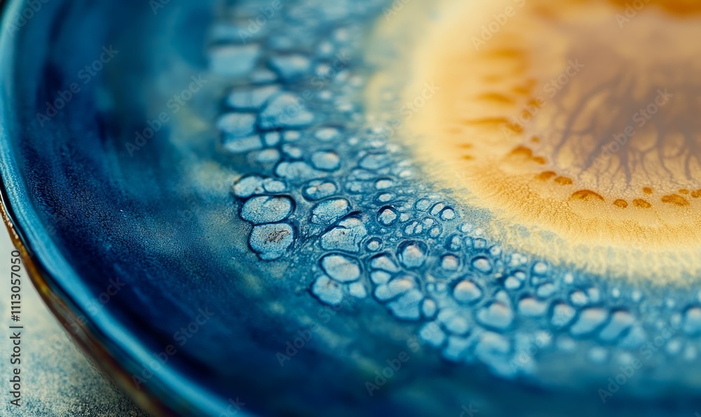 Poster an upclose view of a handthrown plate displaying a mesmerizing blend of deep blue and warm amber gla