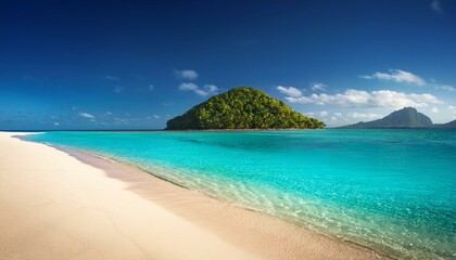 Fototapeta premium Sandy tropical beach with island on background