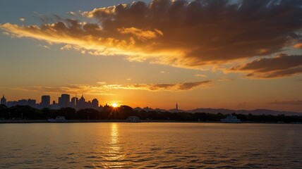 Naklejka premium Stunning sunset over cityscape reflected on calm lake water.