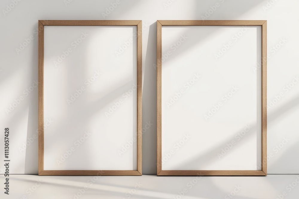Poster two empty wooden frames on a wall with soft shadows illuminating the space