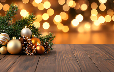 Festive Christmas Ornaments on Wooden Table with Bokeh Background