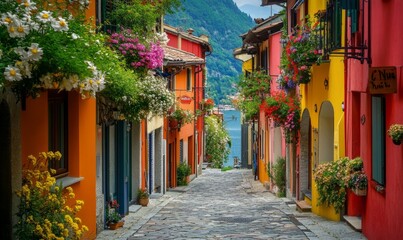 Fototapeta premium A vibrant street lined with colorful houses and blooming flowers creates a picturesque and lively atmosphere. The charming architecture